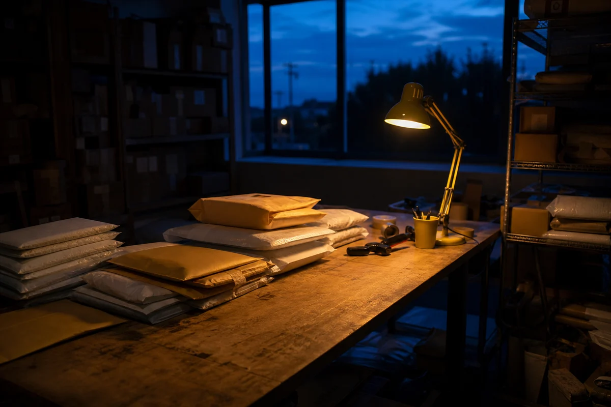 Mesa de expedição de uma loja virtual à noite, com pacotes prontos para envio sob a luz de uma luminária
