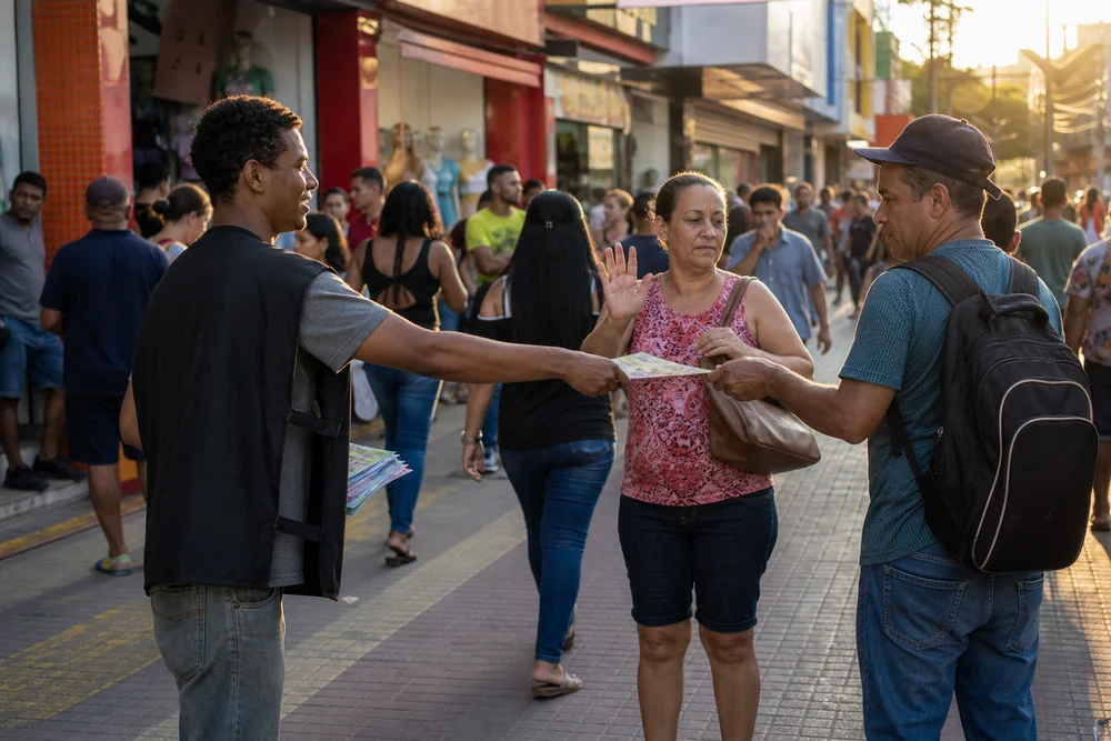 Rapaz distribuindo panfletos numa calçada movimentada de rua de comércio, um pedestre pegando o papel e outro recusando com a mão