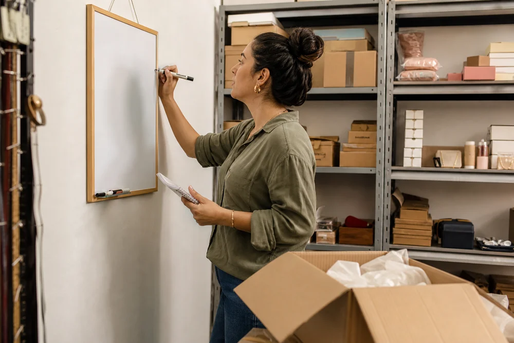 Dona de loja virtual anotando metas em um quadro branco no estoque, cercada por prateleiras com produtos e caixas