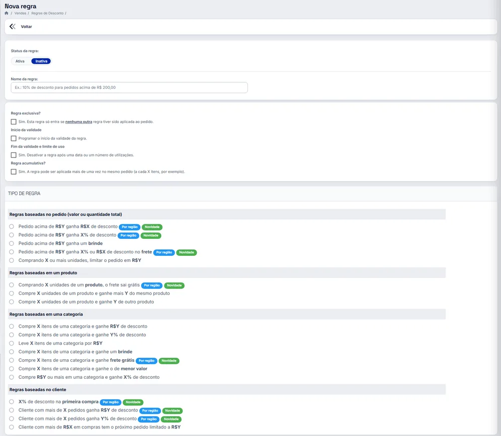 Tela de nova regra de desconto no painel da iSET, com as opções de regra exclusiva, validade e limite de uso, e a lista de tipos de regra por pedido, produto, categoria e cliente