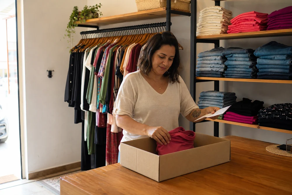 Dona de loja de roupas de bairro separando peças de uma arara para montar um pedido, com a etiqueta na mão e caixas de envio no balcão
