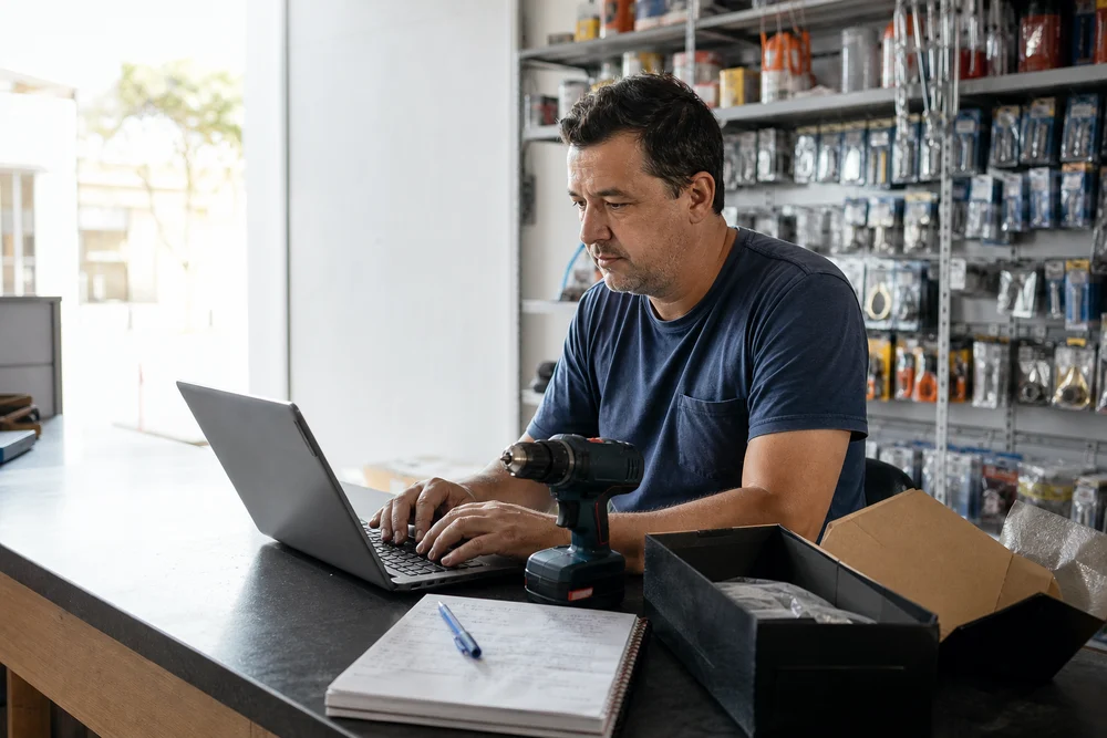 Dono de loja de ferramentas digitando a descrição de uma furadeira num notebook no balcão, com o produto e a caixa ao lado e prateleiras de ferragens ao fundo