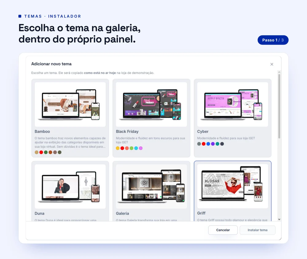 Galeria de temas no painel da iSET, com as miniaturas dos temas disponíveis para instalar