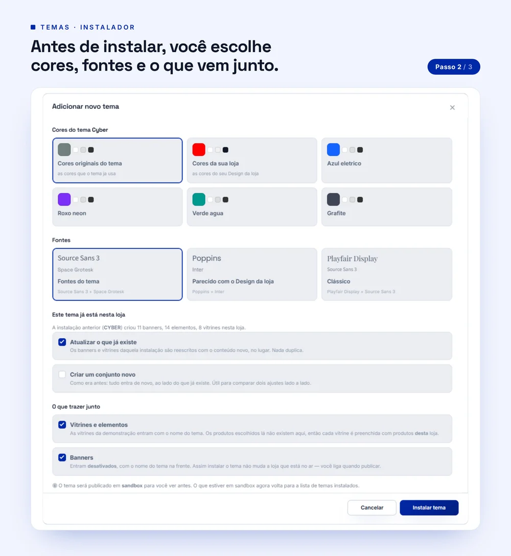 Tela de instalação de tema com a escolha de cores, fontes e do que trazer junto