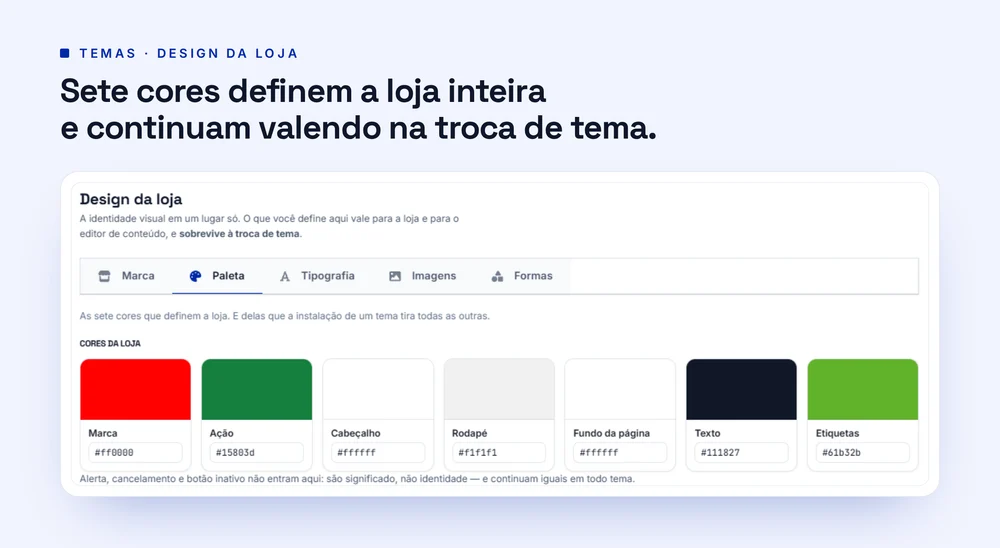 Paleta de sete cores na tela de Design da loja, com a prévia da loja ao lado