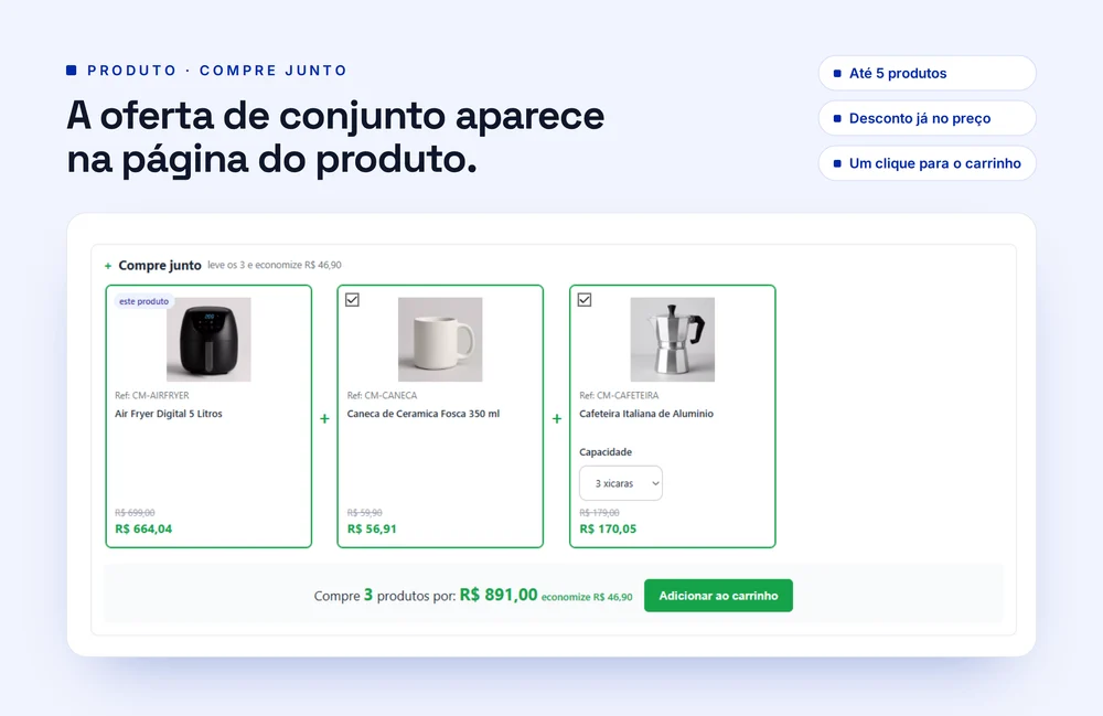 Bloco Compre junto na página do produto, com uma air fryer, uma caneca e uma cafeteira e o total com desconto
