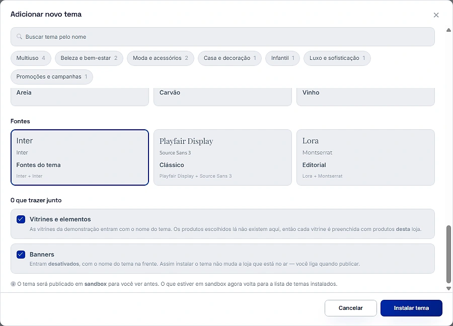 Janela de instalação com a opção de trazer vitrines, elementos e banners da demonstração, e o aviso de que o tema vai para o sandbox