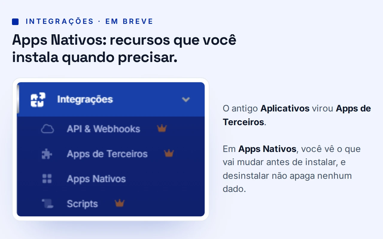 Menu Apps Nativos em Integrações, com o novo nome Apps de Terceiros