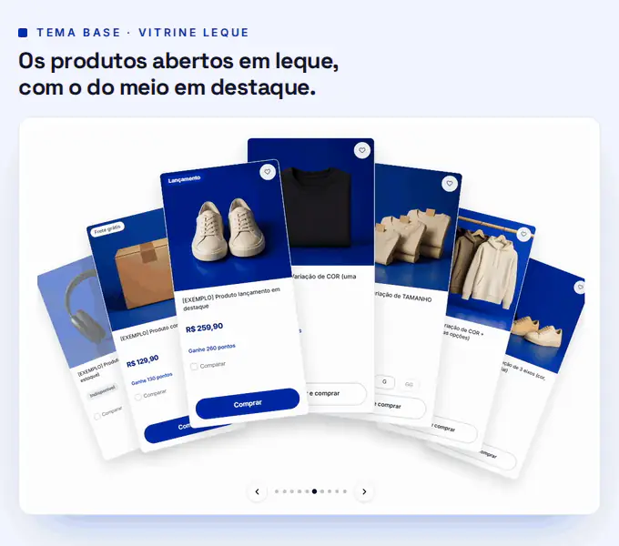 Vitrine em leque do tema BASE, com os cards abertos em arco