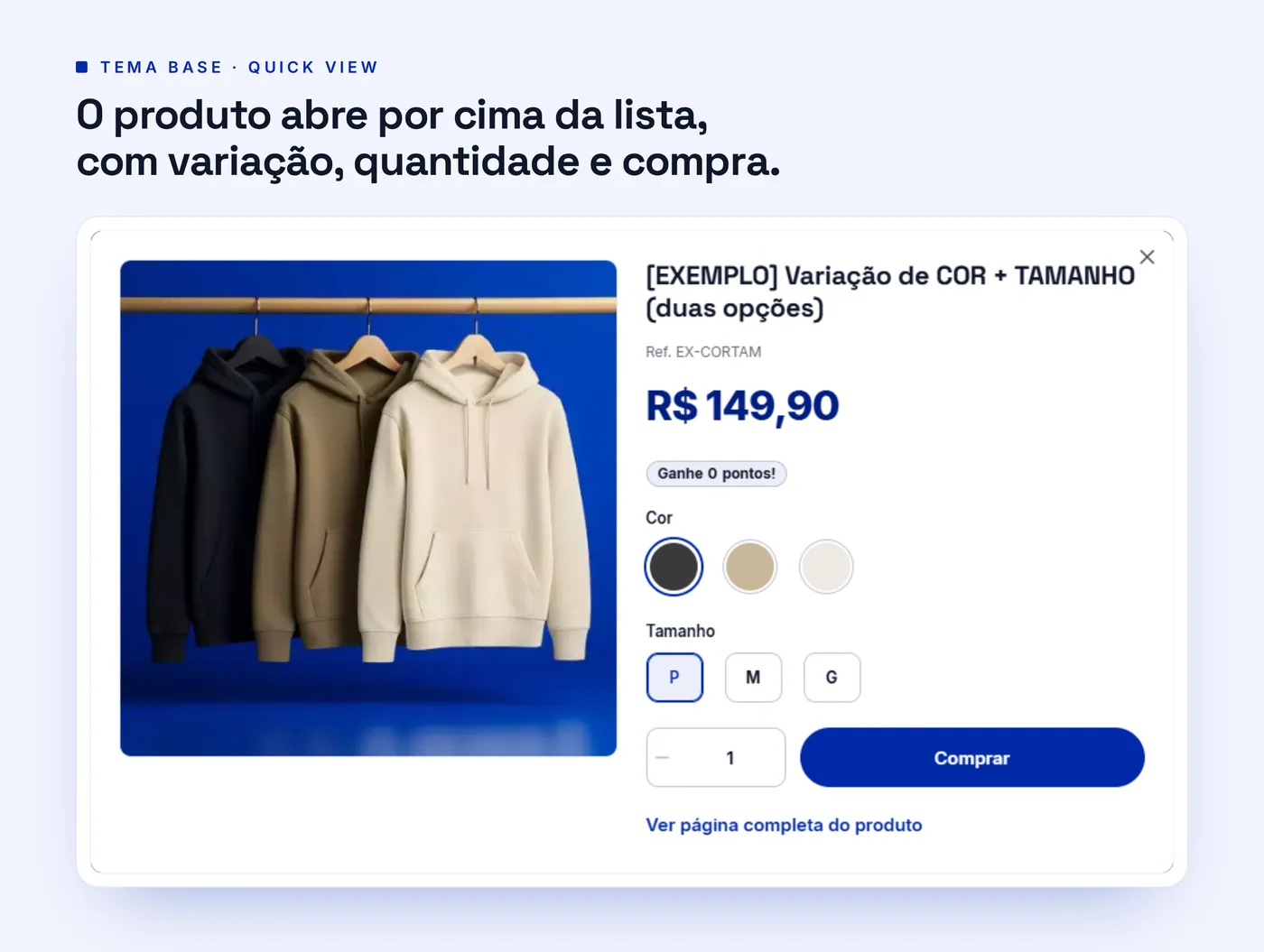 Janela de quick view com foto do produto, variações, quantidade e botão de comprar
