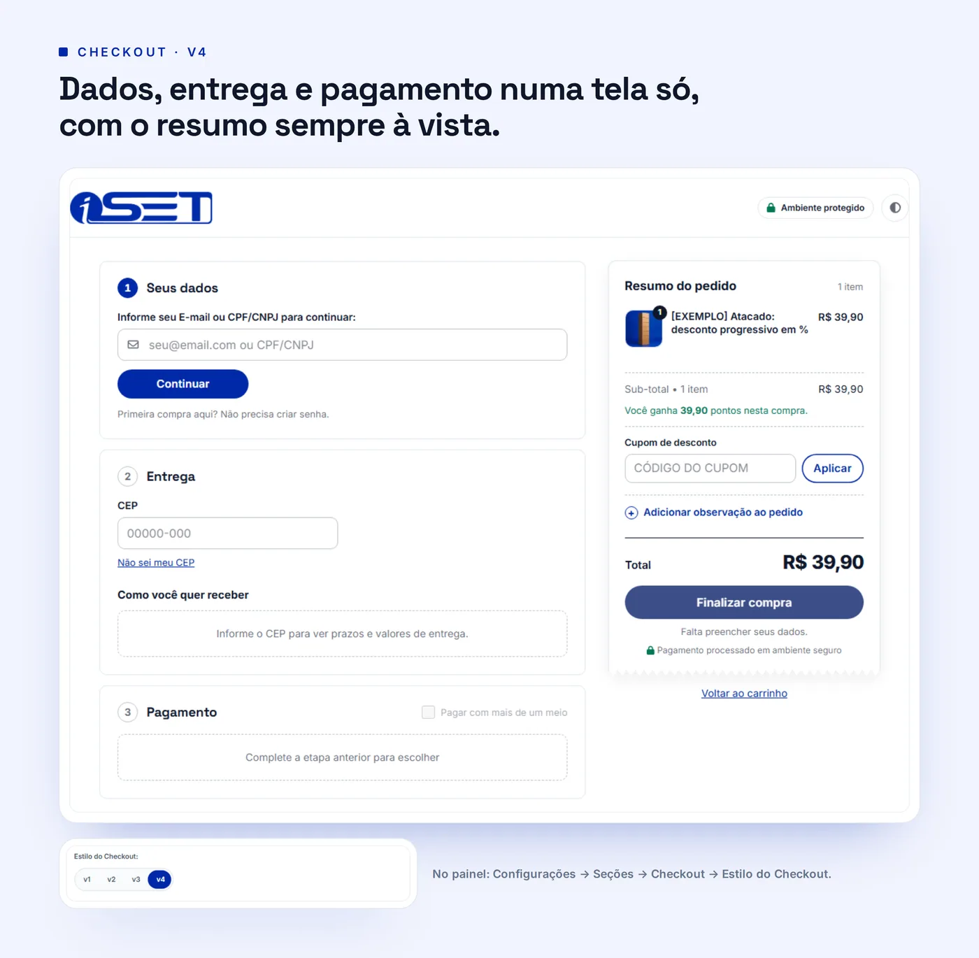 Checkout v4 em uma tela, com o resumo do pedido à direita e o caminho no painel para escolher a versão