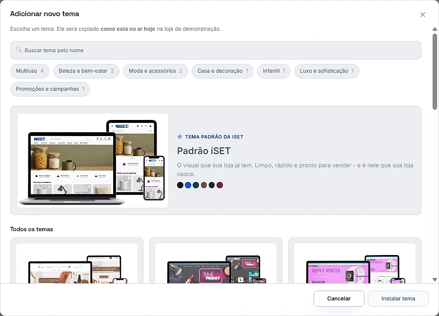 Galeria Adicionar novo tema com busca por nome, filtro por nicho e o Padrão iSET em destaque