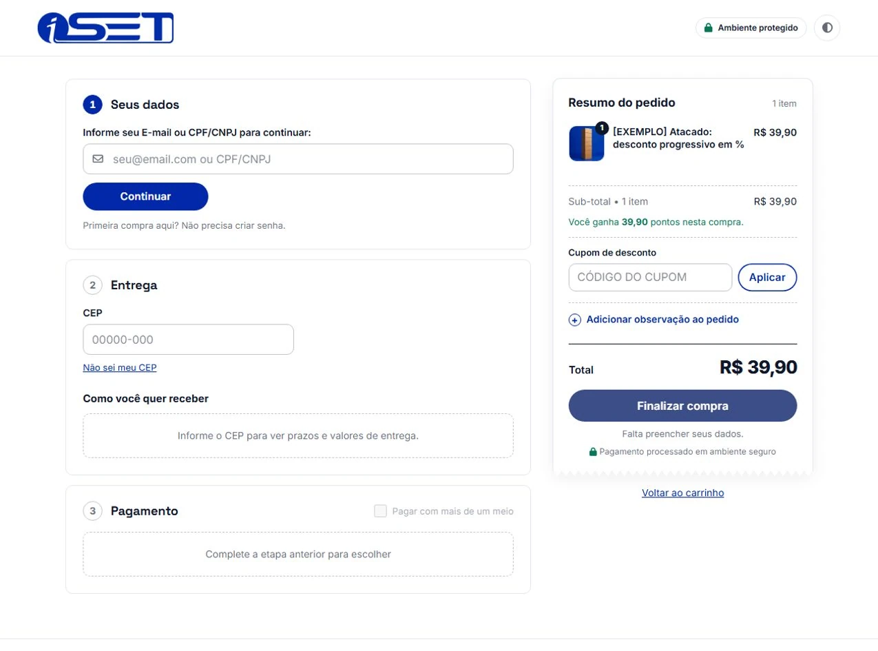 Checkout no modo claro, com as etapas Seus dados, Entrega e Pagamento e o resumo do pedido ao lado