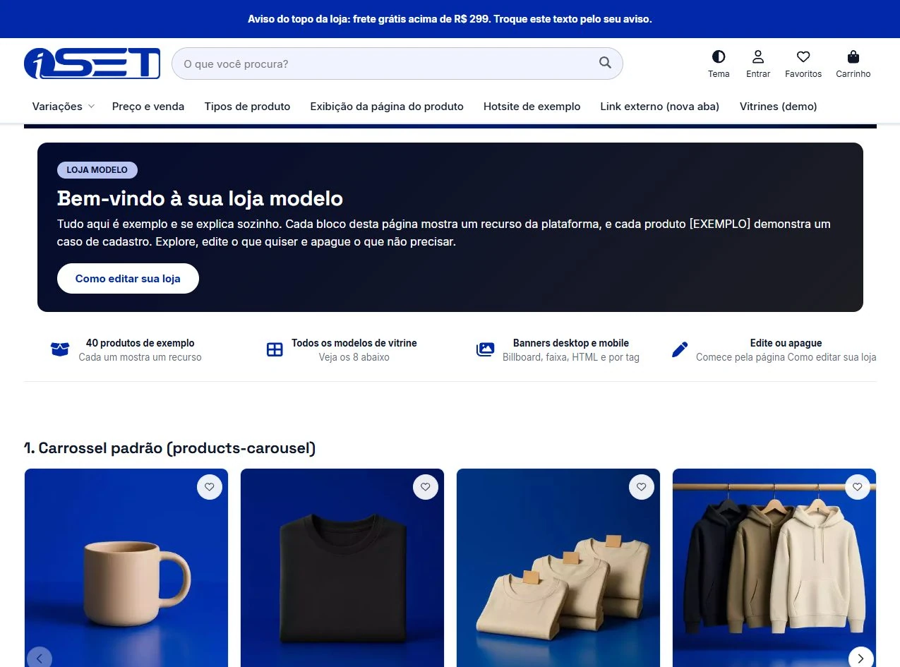 Página inicial da loja com tema BASE no modo claro, com cabeçalho, banner e vitrine de produtos