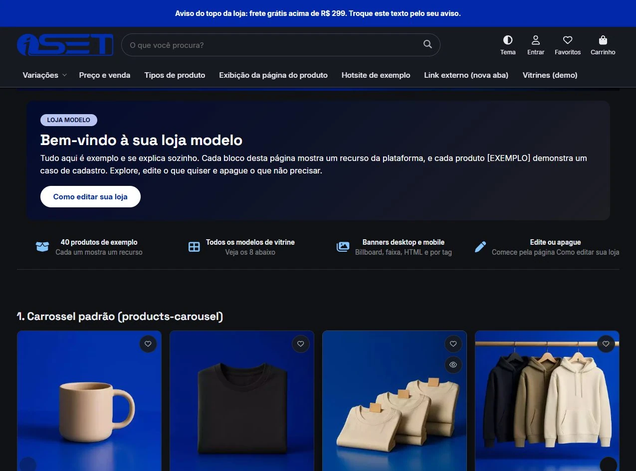 A mesma página inicial no modo escuro