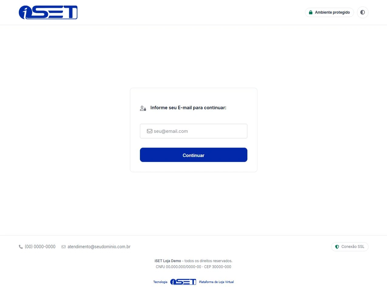 Tela de login da loja no modo claro, com o campo de e-mail e o botão Continuar