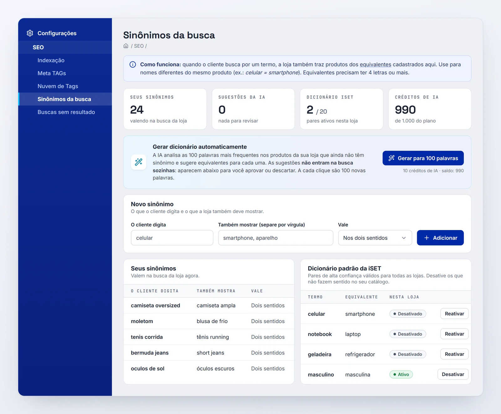 Tela Sinônimos da busca na iSET, com indicadores, geração de dicionário com IA, formulário de novo sinônimo, lista de sinônimos e dicionário padrão