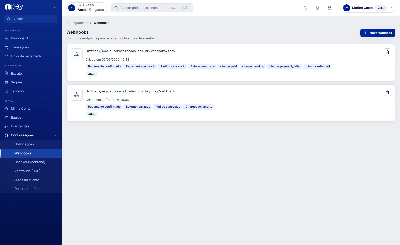 Tela Webhooks do iPay com o botão Novo Webhook e dois endpoints cadastrados, cada um com a URL, a data de criação, os eventos assinados e o status ativo