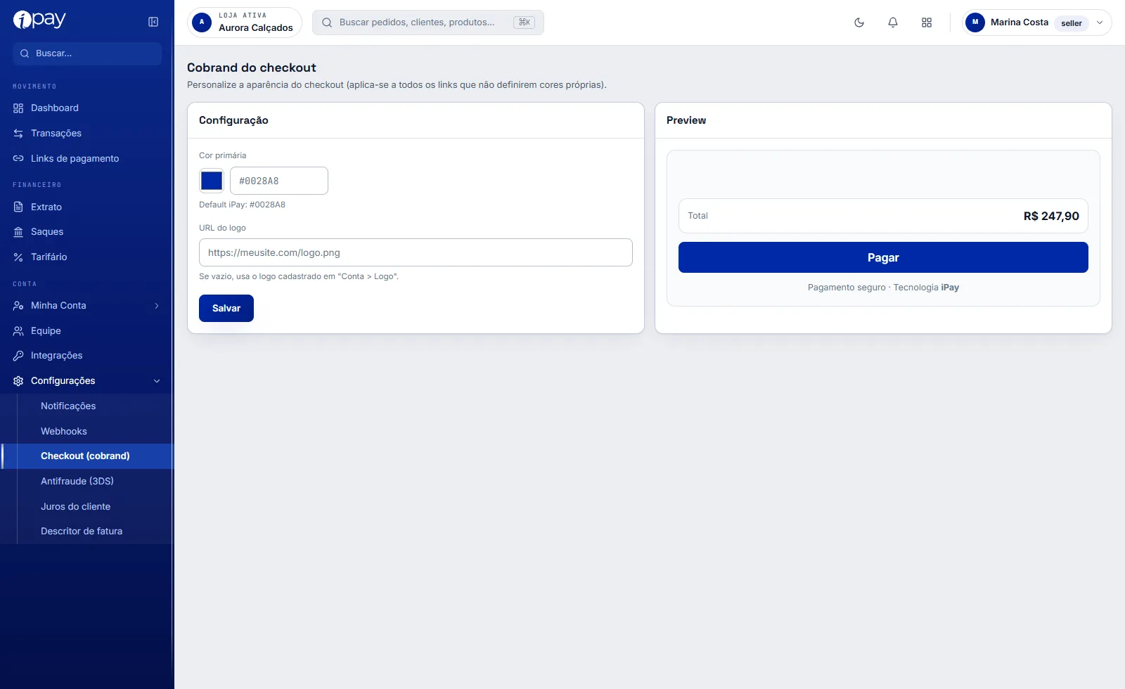 Tela Checkout cobrand do iPay com o campo de cor primária, a URL do logo e a prévia do checkout com o total e o botão Pagar
