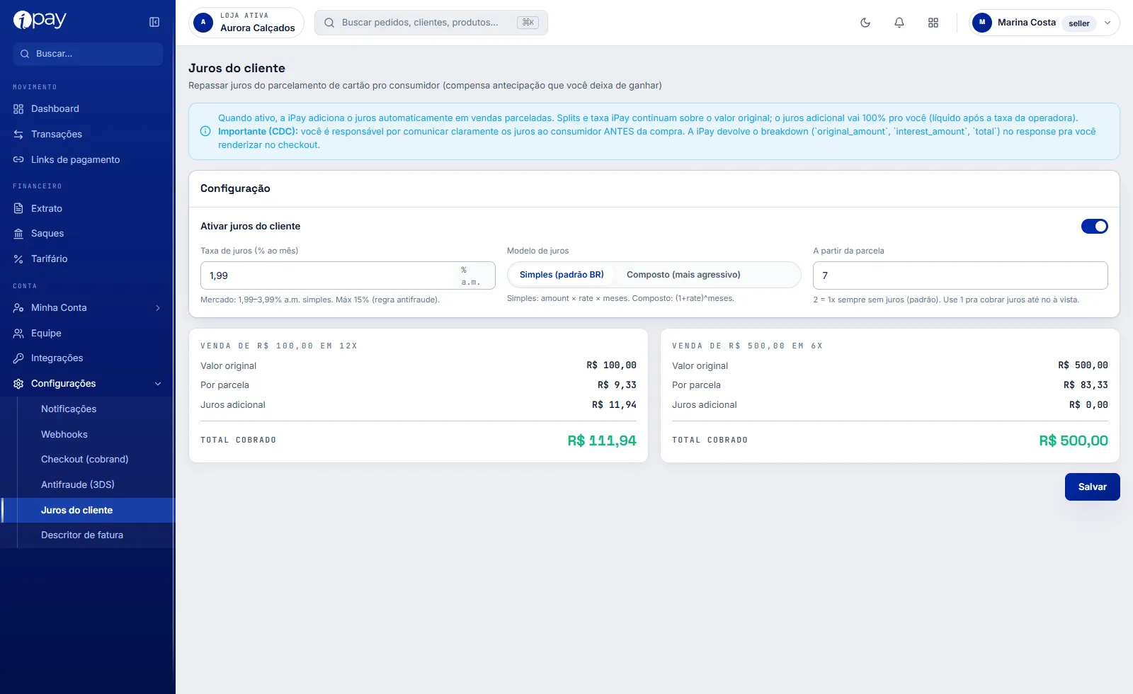 Tela Juros do cliente do iPay com o aviso sobre o CDC, o botão de ativar, a taxa ao mês, o modelo de juros simples ou composto, a parcela inicial e duas simulações de venda