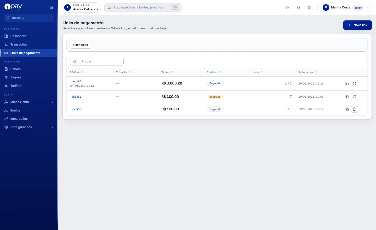 Tela Links de pagamento do iPay com o botão Novo link, o filtro por condição e a lista de links com código, cliente, valor, status, usos e data de criação