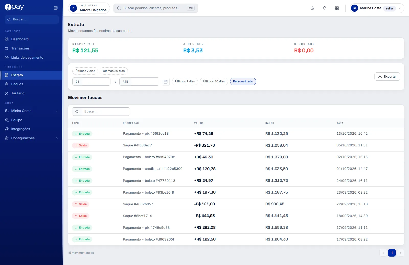 Tela Extrato do iPay com os saldos no topo, o filtro de período, o botão Exportar e a tabela de movimentações com tipo, descrição, valor, saldo e data