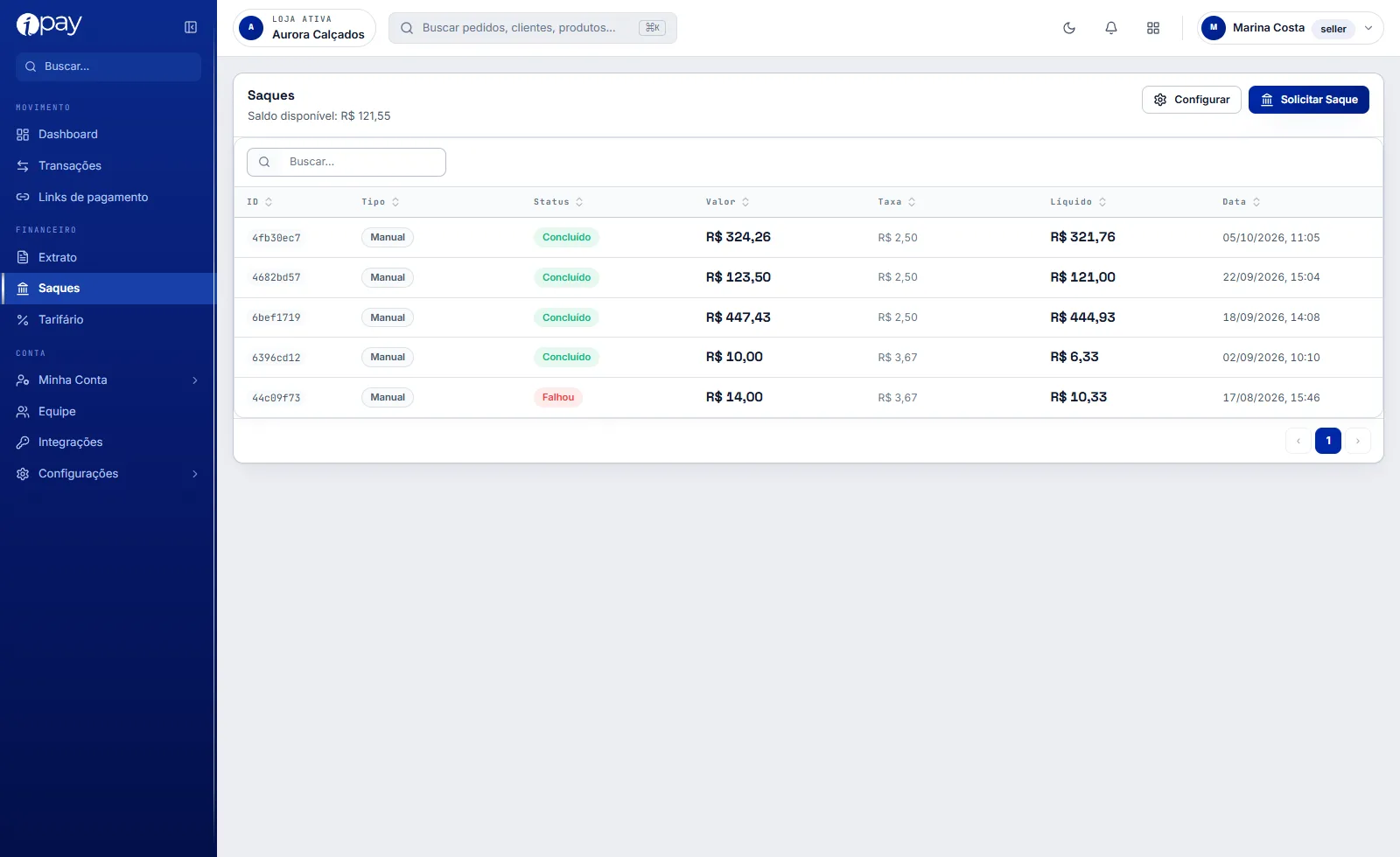 Tela Saques do iPay com o saldo disponível, os botões Configurar e Solicitar Saque, e a tabela de saques com ID, tipo, status, valor, taxa, líquido e data