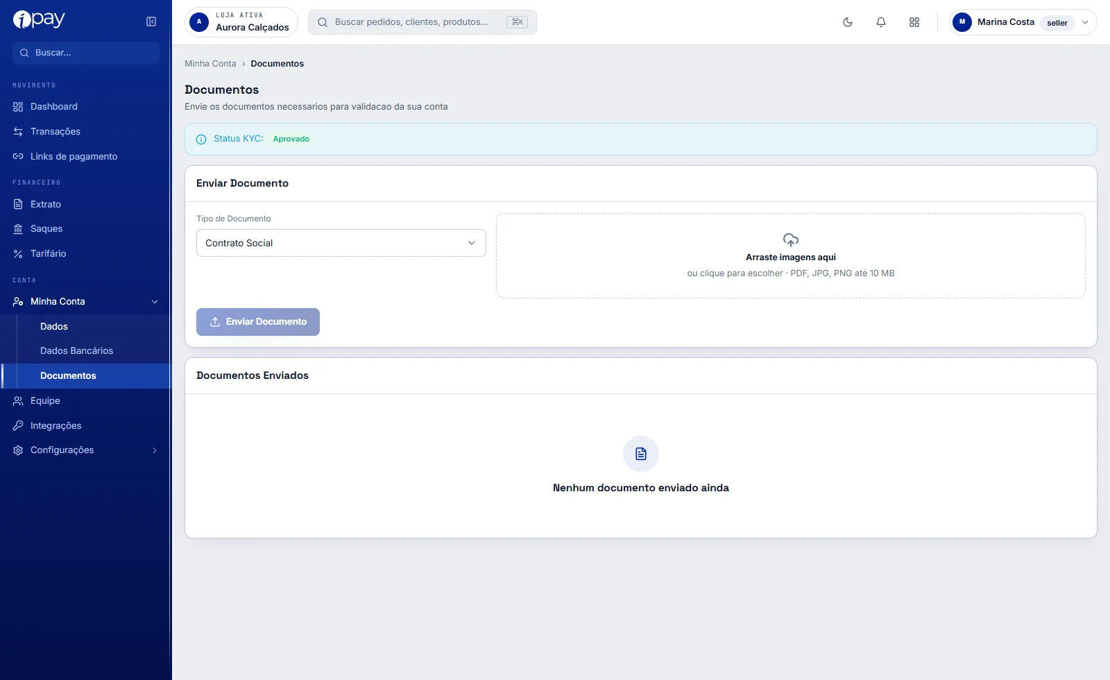 Tela Documentos do iPay com o status KYC aprovado, o formulário de envio com tipo de documento e área de arrastar arquivos, e a lista de documentos enviados