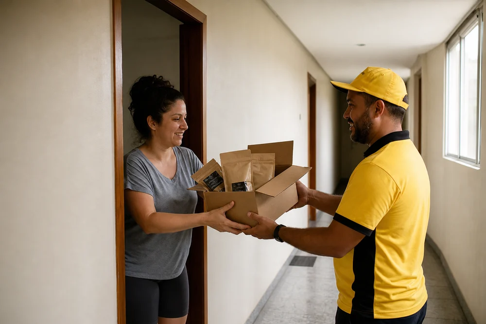 Moradora recebendo do entregador, na porta do apartamento, uma caixa de assinatura de café, com os sacos de café visíveis dentro da caixa aberta