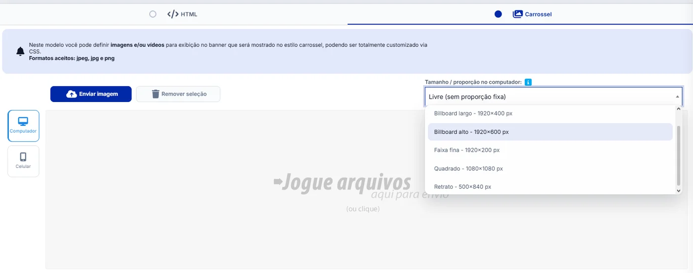 Tela de novo banner no painel da iSET, aba Carrossel, com o seletor Tamanho / proporção no computador aberto mostrando as opções Billboard largo 1920×400 px, Billboard alto 1920×600 px, Faixa fina 1920×200 px, Quadrado 1080×1080 px e Retrato 500×840 px