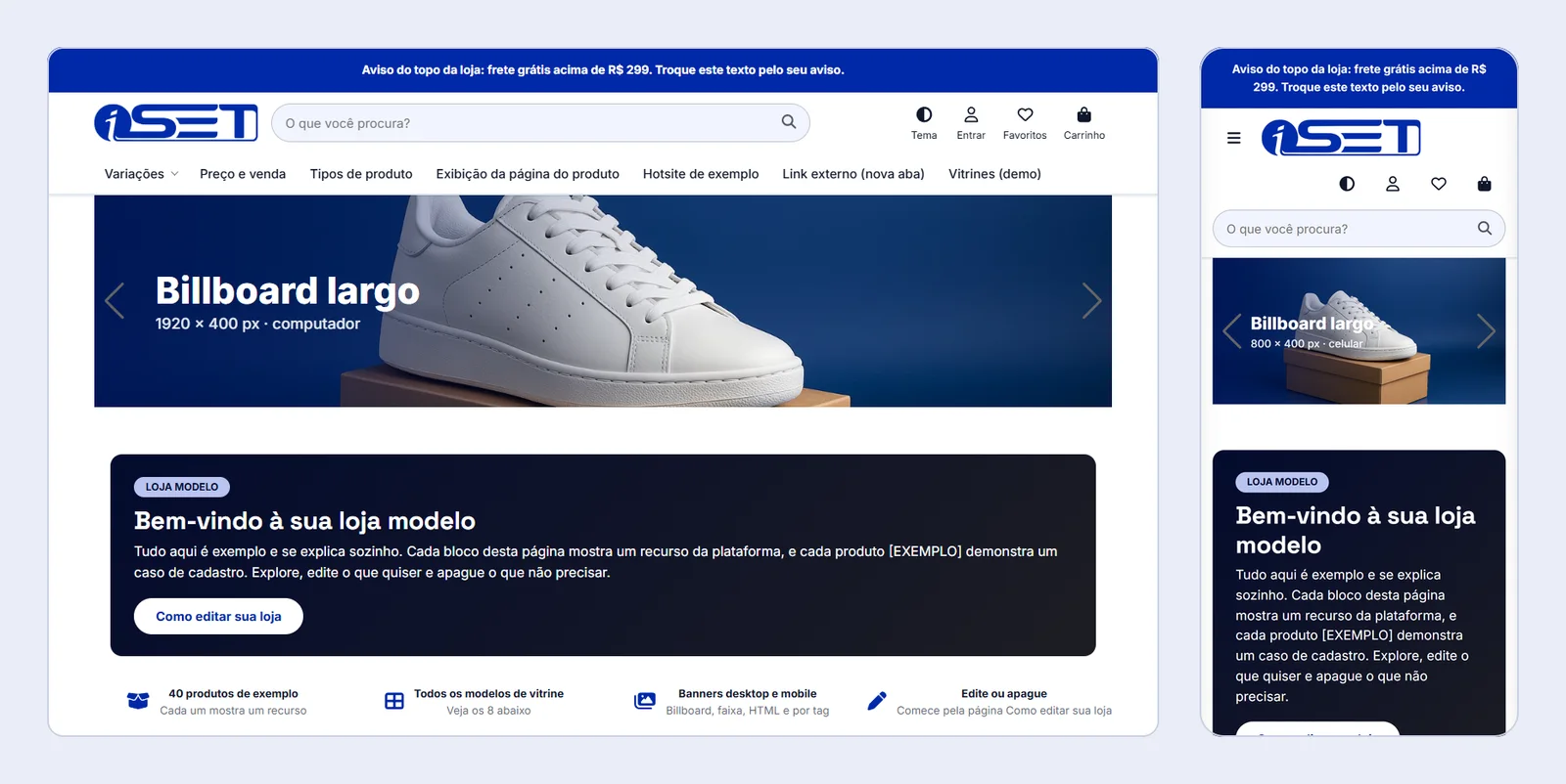 Simulação na loja demo da iSET do Billboard largo: no computador o banner de 1920×400 px ocupa uma faixa baixa logo abaixo do menu, e no celular a versão de 800×400 px aparece logo abaixo da busca