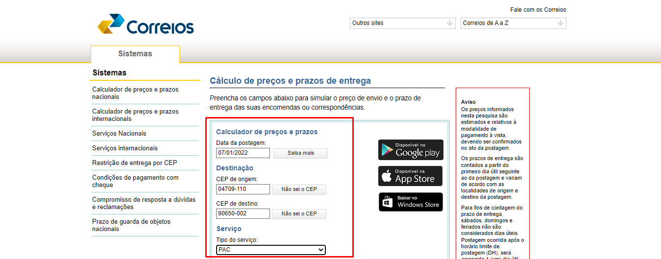 envios pelos Correios
